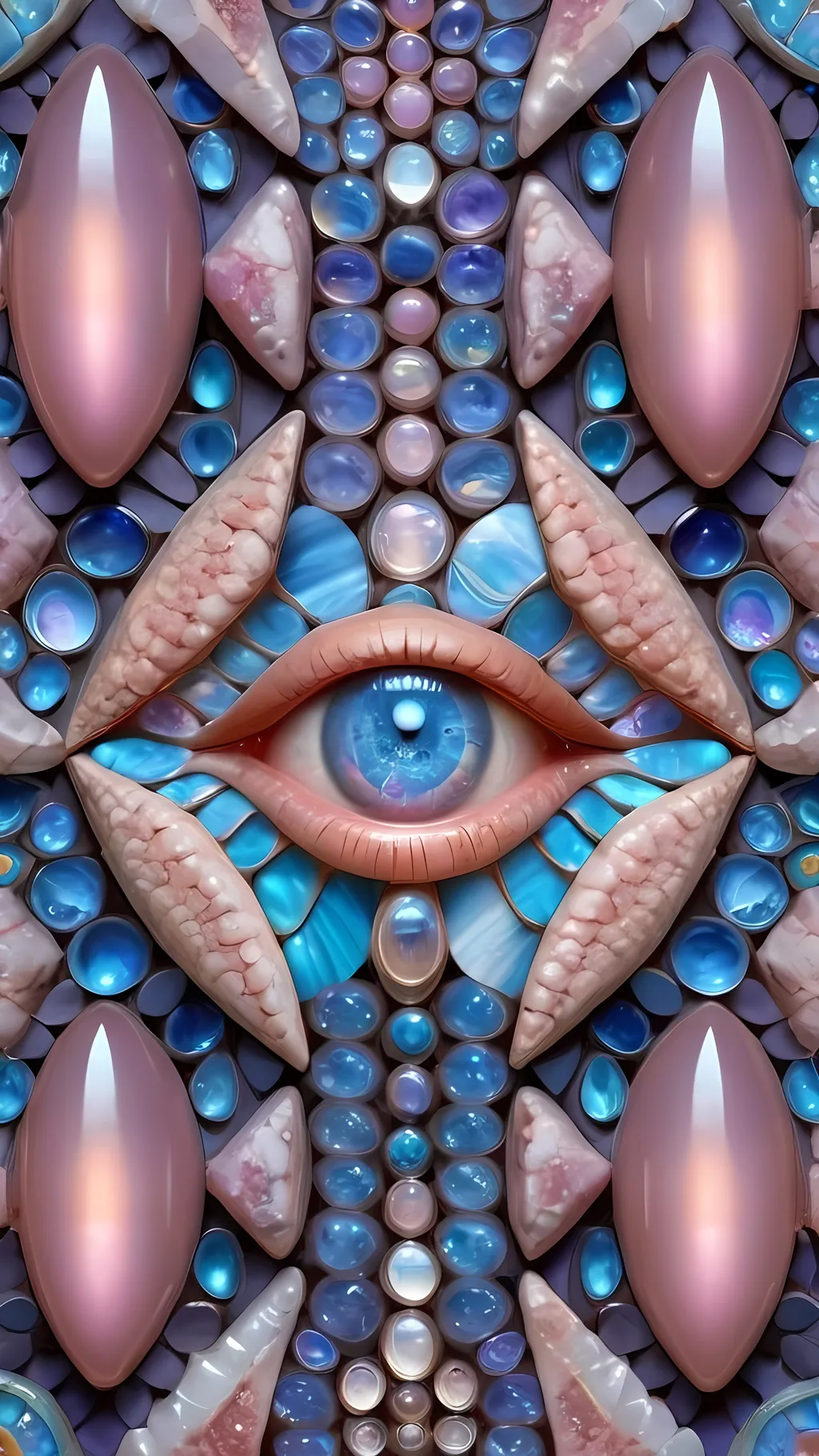 Prompt: Create an extremely hyper-realistic, ultra super textural, weird, trippy, surreal, psychedelic eyes/teeth/mouth pattern/design based on Mandelbrot & “Op Art tiling” with lots of human eyes (crazy colorful compound psychedelic), rows of human teeth, human lips, and tongues. 

- **Colors**: determined by the properties and expressions of the elements (& their isotopes), minerals, and metals: opal, moonstone, Kunzite, selenite, rose quartz, Palladium (Pd), “Fusarium verticillioides”

**Shapes and forms**
- Mandelbrot 
- "Op Art tiling" 
-other shapes determined by the natural properties and expressions of the elements (& their isotopes), minerals, metals, and biological organisms: opal, moonstone, Kunzite, selenite, rose quartz,  Palladium (Pd), “Fusarium verticillioides”


- **Textures**: Derived from any/all elements (& their isotopes), minerals, metals, crystals, organic things mentioned in this prompt: opal, moonstone, Kunzite, selenite, rose quartz, Palladium (Pd), “Fusarium verticillioides”

**Composition and Layout**:
- a pattern/design based on the Op Art tiling & Mandelbrot 

**Lighting**:
- lots of bright light
- Iridescence
- Aventurescence
- Chatoyancy
- Asterism

**Detail and Atmosphere**:
- Extreme hyperrealistic sharp high detail high definition organic and mineral textures
- Psychedelic, weird, odd, surreal atmosphere
- Frozen in time

**Additional Elements**:
- extra rows of teeth, lips, many eyes, Op Art tiling, Mandelbrot, Iridescence, Aventurescence, Chatoyancy
