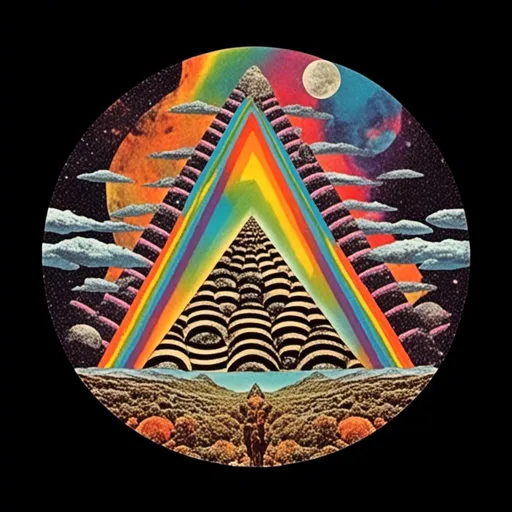 Prompt: <mymodel>Vintage 70s psychedelic surreal sci-fi. Surreal psychedelic Collage Featuring trippy psychedelic patterns/optical illusions in geometric shapes/arrangements/interspliced with images of KITTY cats, eyes, and rainbow spectrums, spliced with images of surreal/alien/mountainous landscapes, planets and moons and asteroids, mushrooms, all cut up and mixed together to create a cool trippy vintage sci-fi psychedelic collage