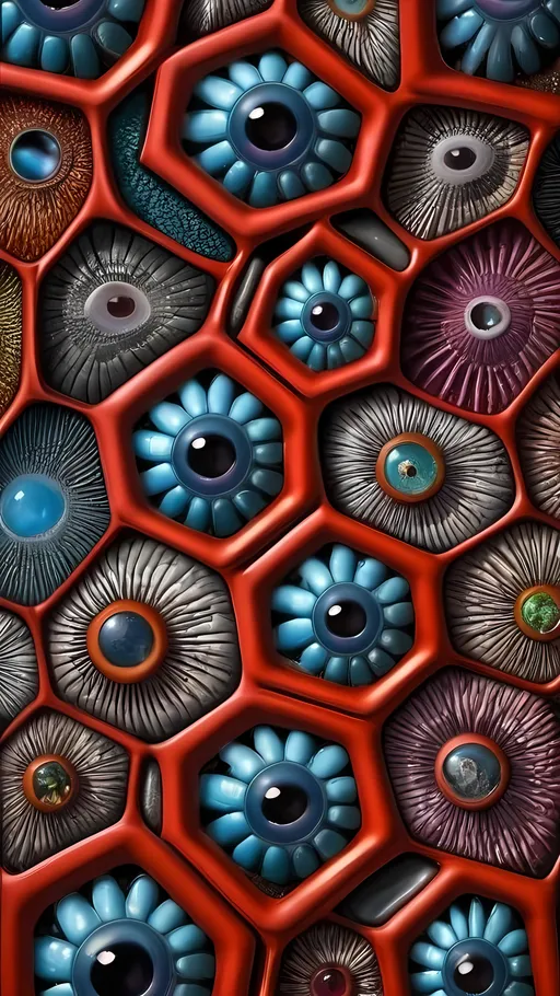 Prompt: Create an extremely hyper-realistic, ultra super textural, weird, trippy, surreal, psychedelic eyes/teeth/mouth pattern/design based on “Sierpiński Hexagon” & “Op Art tiling” with lots of human eyes (crazy colorful compound psychedelic), rows of human teeth, human lips, and tongues. 

- **Colors**: determined by the properties and expressions of the elements (& their isotopes), minerals, and metals: Tantalum (Ta), “Fusarium verticillioides”, Hematite, Crocoite, garnet, Trichroism

**Shapes and forms**
- “Sierpiński Hexagon”
- "Op Art tiling" 
-other shapes determined by the natural properties and expressions of the elements (& their isotopes), minerals, metals, and biological organisms: diatoms, Tantalum (Ta), Hematite, Crocoite, garnet 


- **Textures**: Derived from any/all elements (& their isotopes), minerals, metals, crystals, organic things mentioned in this prompt: Tantalum (Ta), “diatoms”, Hematite, Crocoite, garnet

**Composition and Layout**:
- a pattern/design based on the Op Art tiling & “Sierpiński Hexagon”  

**Lighting**:
- Trichroism


**Detail and Atmosphere**:
- Extreme hyperrealistic sharp high detail high definition organic and mineral textures
- Psychedelic, weird, odd, surreal atmosphere
- Frozen in time

**Additional Elements**:
- extra rows of teeth, lips, many eyes, diatoms, Op Art tiling, “Sierpiński Hexagon” , Aventurescence, Chatoyancy
