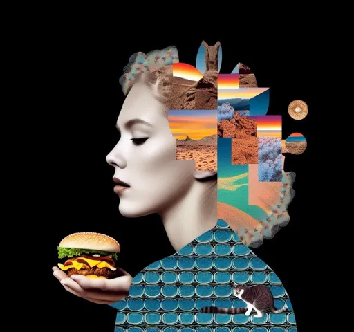 Prompt: A psychedelic collage featuring a photograph of a woman with blond curly long hair. The photo is cut and spliced with other photos - of cats, roads, landscapes, trippy optical illusion patterns, pickles, hamburgers, realistic  desert, alien  landscapes, geometric shapes in a psychedelic cut and paste collage <mymodel>