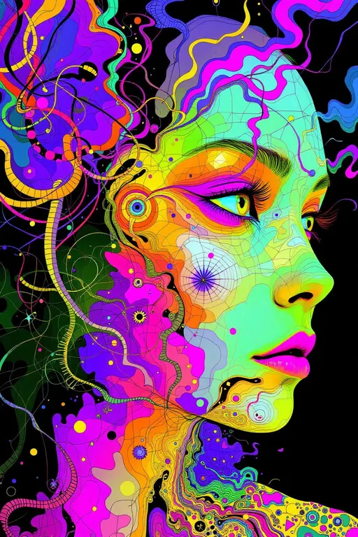 Prompt: Imagine  A techno-shamanic diagram, pulsing with color-coded sigils, drenched in hyper-pigment and fractal glyph static rendered in the chaotic hand-inked logic of La Planète Sauvage—but dialed to full chromatic overdose. Her face is not flesh but an impossible riot of recursive mathematics, drawn in vibrating lines and bleeding color. Cheekbones erupt as variance clusters: tangled ribbons of Diffusion Map heat bursting in molten gradients—fuchsia against electric teal, lava-orange under spectral cyan.

Her “skin” is a fractured tessellation of iridescent triangles—each tile filled with micro-fractals, shifting between neon gold and ultraviolet glass. Hair does not fall, it radiates: UMAP tangles explode from her scalp like quantum dreadlocks—volumetric, spiraling, drenched in acid color and tangled with vector noise.

The jawline glitches into kaleidoscopic eigenlight—layered transparencies pulsing with color logic, folding across warped grids. Her lips, barely there, are probability whirlpools—candy-glitch spirals rotating in pixelated loops. The eyes? Not eyes. Replica Theory vortices ringed with pulsars—recursive, glittering, collapsing inward like dimensional jewel-tones.

Every surface is over-saturated. Her brow arches with neural lace made of glowing glyphs, hyper-embossed like alien circuitry. Cross-hatching twists through chromatic bursts—indigo over ruby, chartreuse overlaying obsidian, textures rippling like malfunctioning halftone.

The space she inhabits curves in non-Euclidean chroma fields. No shadows—only contrast explosions. Edge boundaries smear into Hellinger gradients—where red bleeds into ultraviolet, where geometry disintegrates into moiré hallucination.

She flickers in and out of coherence—visible only through saturated logic. A mandala of math masquerading as a woman, until you stare too long and she bursts apart into prism fragments, each shard encoded with raw, screaming color.