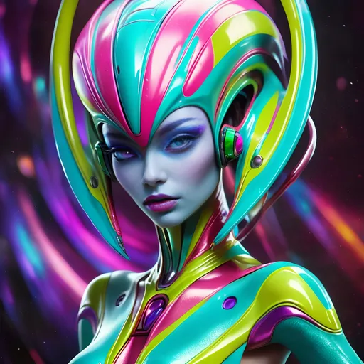 Prompt: High-quality 3D rendering of an extraterrestrial female, vibrant and colorful makeup, futuristic alien high fashion, ads-automotive style, alien goddess, detailed skin texture, otherworldly beauty, vibrant colors, cosmic makeup, holographic clothing, sleek design, professional lighting, sci-fi, highres, ultra-detailed, futuristic, vibrant tones, cosmic lighting