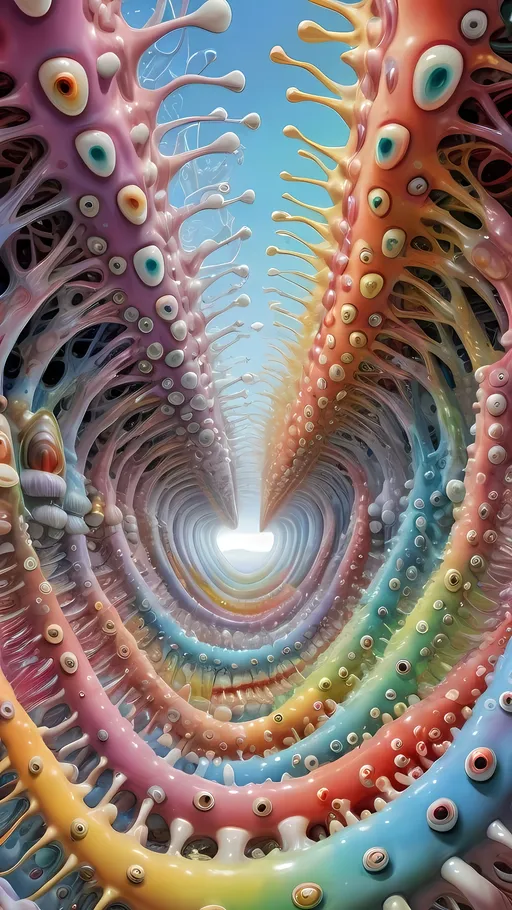 Prompt: an extremely hyper realistic ultra super textural weird trippy surreal psychedelic entity, catenary curves , gyroid structures, white, translucent, clear, bright bright pastel colors, oil slick rainbow sheen effect, lots and lots of light, lots of crazy colorful compound psychedelic human eyes, rows of human teeth, fungus, atoms, diatoms, catenary curves, gyroid structures