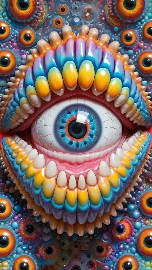 Prompt: an extremely hyper realistic ultra super textural weird trippy surreal psychedelic entity, Cardioid Shapes, white, translucent, clear, bright bright pastel colors, oil slick rainbow sheen effect, lots and lots of light, lots of crazy colorful compound psychedelic human eyes, rows of human teeth, fungus, atoms, diatoms, Cardioid Shapes