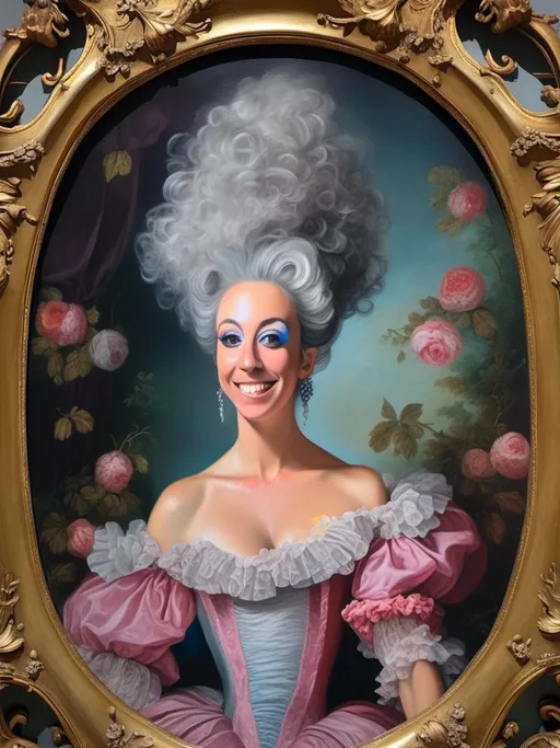 Prompt: <mymodel>Rococo-style oil painting of a French court woman, Marie Antoinette's elaborate rococo dress with organic and fungal elements, posing for royal portrait, detailed clothing and hairstyle, highres, oil painting, rococo, Marie Antoinette, French court, elaborate dress, organic-fungal, royal portrait, detailed clothing, elaborate wig styling, spiders, mushrooms, regal, ornate, vintage, luxurious, intricate, oil on canvas, opulent, rich tones, soft lighting