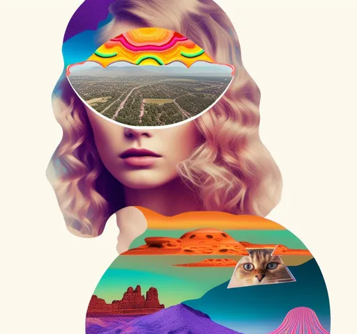 Prompt: A psychedelic collage featuring a photograph of a woman with blond curly long hair. The photo is cut and spliced with other photos - of cats, eyes, body parts, roads, landscapes, trippy optical illusion patterns, pickles, hamburgers, realistic  desert, alien  landscapes, geometric shapes etc in such a way that she has a psychedelic open third eye, in a psychedelic cut and paste collage <mymodel>