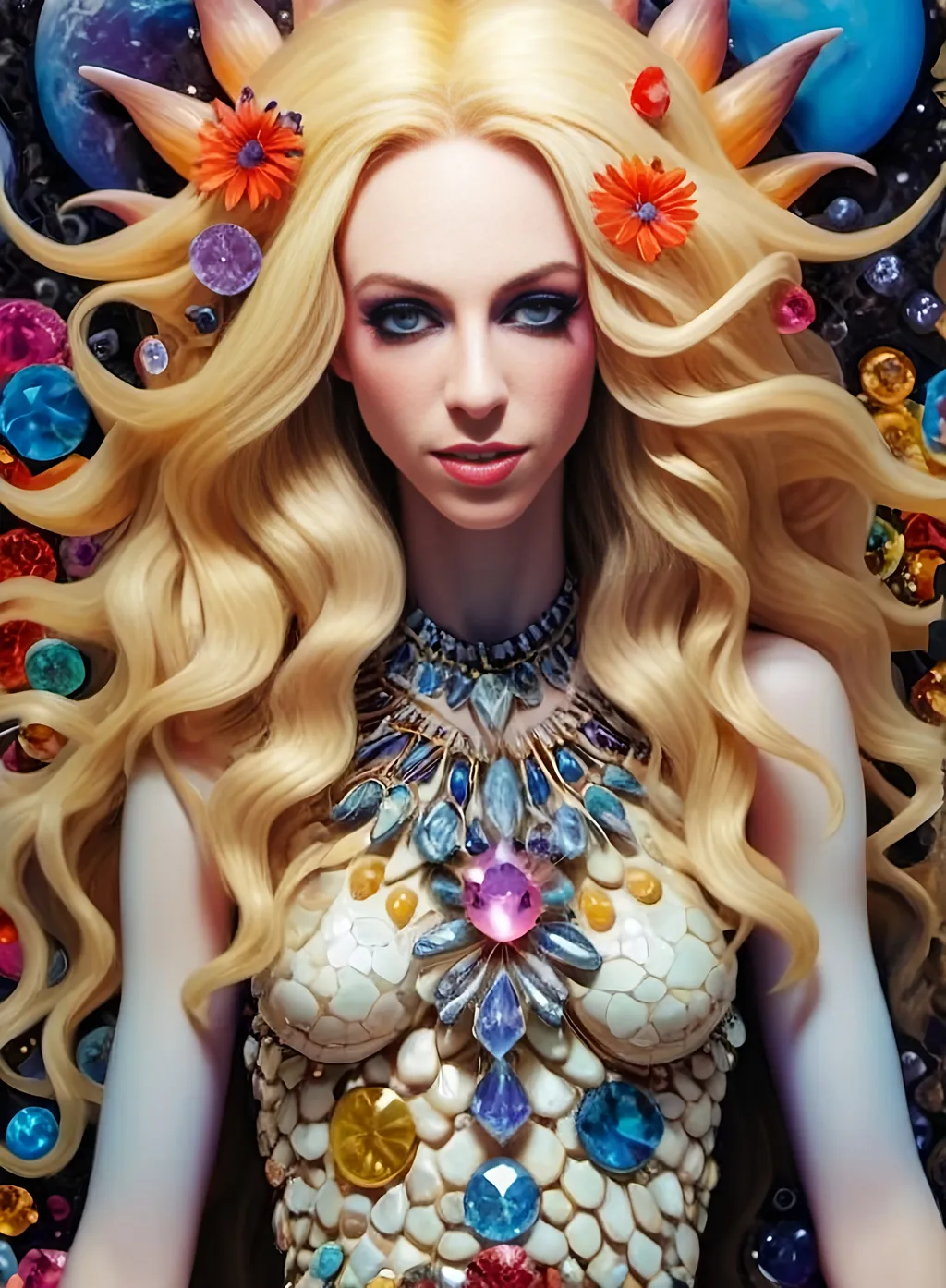 Prompt: <mymodel>ego death, woman long blond curly hair, figurine,  trippy extremely ultra hyperrealistic, high texture high detail psychedelic hallucination created entirely out of Gemstone, gemstones, crystals, crystal, psychedelic, texture, ego death, geometric shapes, fractals made out of gemstones gemstone textures minerals mineral texture banding crystals crystal clusters formations