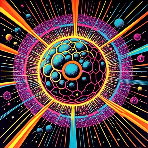 Prompt: <mymodel>Vintage 70s blacklight poster illustration of the Higgs Boson particle, vibrant psychedelic colors, glowing particle trails, retro psychedelic art style, detailed atomic structure, high quality, vibrant, psychedelic, vintage, blacklight, Higgs Boson particle, retro, atomic structure, glowing trails, 70s, detailed, vibrant colors, poster art, illustration, particle