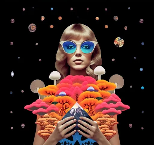 Prompt: a psychedelic collage reminiscent of 70s psychedelic sci fi collage artwork celebrating a girl on mushrooms. It is to feature a photograph of a woman with blond curly hair that is edited by splicing it with other images from photographs, magazines, newspapers, illustrations/paintings to create the impression she is high on magic mushrooms. The work will include such elements as a psychedelic 3rd eye open, stars and planets, trippy optical illusions and patterns, psilocybin cubensis mushrooms, fractals, UFOs, aliens, geometric shapes, auras, rainbow spectrums, sacred geometry, trippy drippy stuff, psychedelic hallucinations, open eyes, landscapes of astral worlds<mymodel>