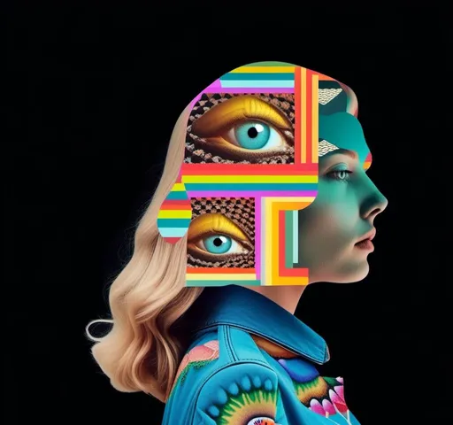 Prompt: A psychedelic collage featuring a photograph of a woman with blond curly long hair. The photo is cut and spliced with other photos - of cats, eyes, body parts, roads, landscapes, trippy optical illusion patterns, pickles, hamburgers, realistic  desert, alien  landscapes, geometric shapes etc in such a way that she has a psychedelic open third eye, in a psychedelic cut and paste collage <mymodel>