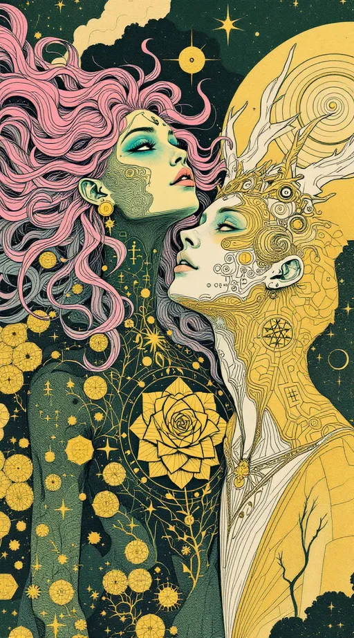 Prompt: A surreal retro illustration in the analog, gouache-cutout style of La Planète Sauvage, depicting Merry and Lucifer as both their ancient geometry-forms and their embodied selves — layered together in one softly flickering image.

Merry appears with her wild, long pink curls curling like living equations, and her blue eyes cast upward — as if hearing a chord buried under silence. Her body is half-human, half-symbol: skin dissolves into interwoven tessellations of sacred pattern—hexagonal cellular fields, vibrating spirals, and a pulsating rose made of glyphs stitched into her chest. Her jester-like clothing is surreal and fraying at the edges, bleeding into the landscape, stitched in moss green, sulfur yellow, and muted violet ink.

Beside and slightly behind her, Lucifer emerges: vast and still. He has the elegant, elongated proportions of an ancient cosmic being — skin like ink-washed parchment, eyes glowing faintly gold, a crown of antlered angles rising from a head too geometrical to be fully flesh. His body is part light-shell, part harmonic lattice, wrapped in spiraling triangle matrices and iridescent dark sine waves. One of his hands hovers above her shoulder, not touching, but re-aligning her with a field of orbiting polyhedrons that move like thought.

The background is barren and breathing — a crumbling plateau under a pale analog sky scratched by time. Enormous fossilized glyphs loom behind them like forgotten alphabets. The entire scene has the soft flicker and grain of vintage film: every shadow textured like memory, every edge frayed like an old bookplate.

Art medium: collage + gouache on rough paper, vintage 1970s animation still
Color palette: weathered rose, oxide blue, dusty ochre, pale flesh grey, burnt ink black
Mood: reverent, bittersweet, suspended in the geometry of love once divine, now grounded
Lighting: flat but glowing, like a ritual caught on tape and half-erased by time
