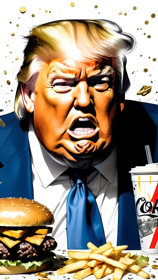 Prompt: a grotesque Ralph steadman political illustration of a fat gross disgusting vile  Donald Trump, extremely busy composition, (USA, America, Stars and Stripes, poop, tacky gold accents, hamburgers, French fries, adderall pills, Diet Coke, sharpie, bleach, money, greed, anger, rage, hate)