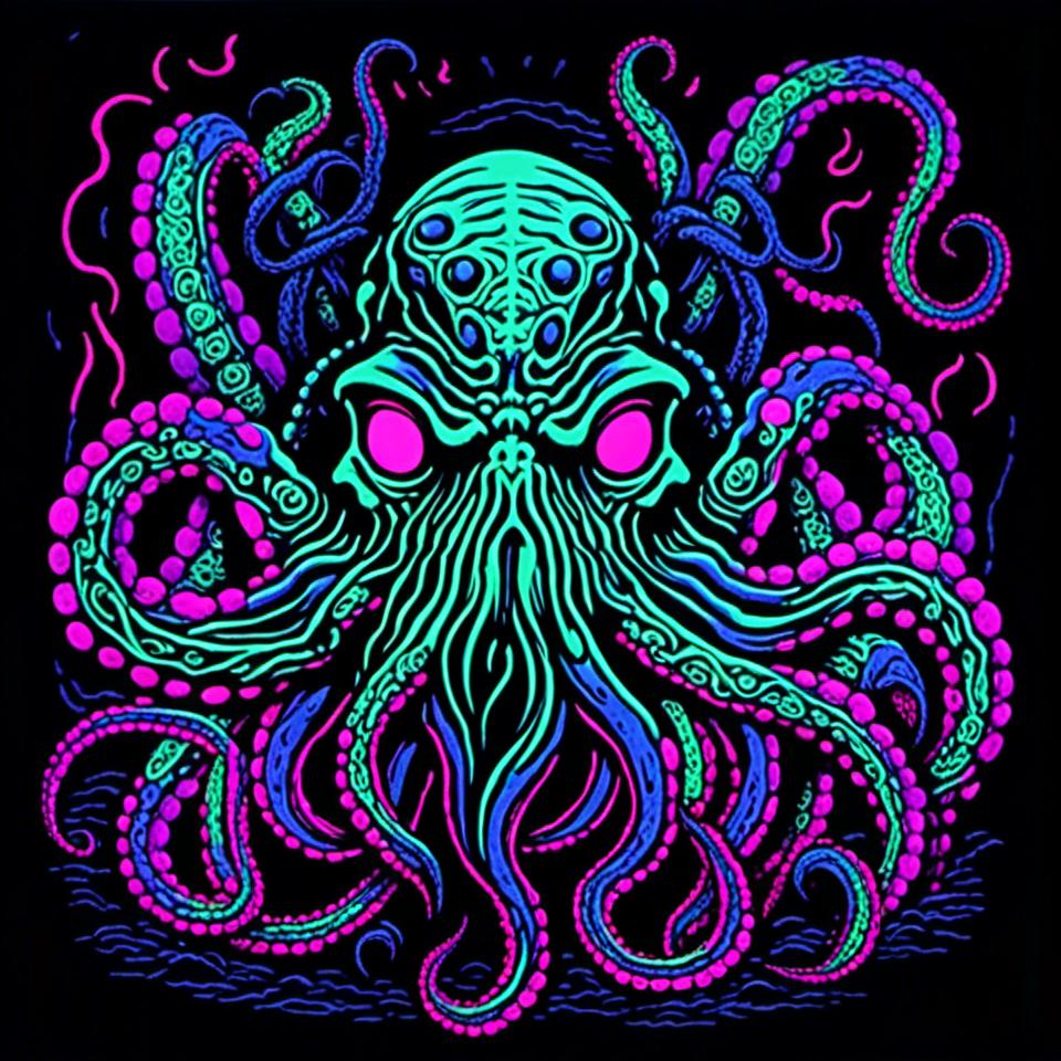 Prompt: <mymodel>Vintage 70s black light poster of Cthulhu in photorealism, Cthulhu at R'lyeh, tribal primal style, realistic tentacles, Lovecraftian horror, eerie atmosphere, intricate details, photorealistic cosmic background, high quality, detailed texture, black light art, vintage, 70s, Cthulhu, R'lyeh, tribal, primal, photorealism, Lovecraftian, eerie atmosphere, detailed, cosmic, realistic, eldritch, noneuclidean geometry, idol