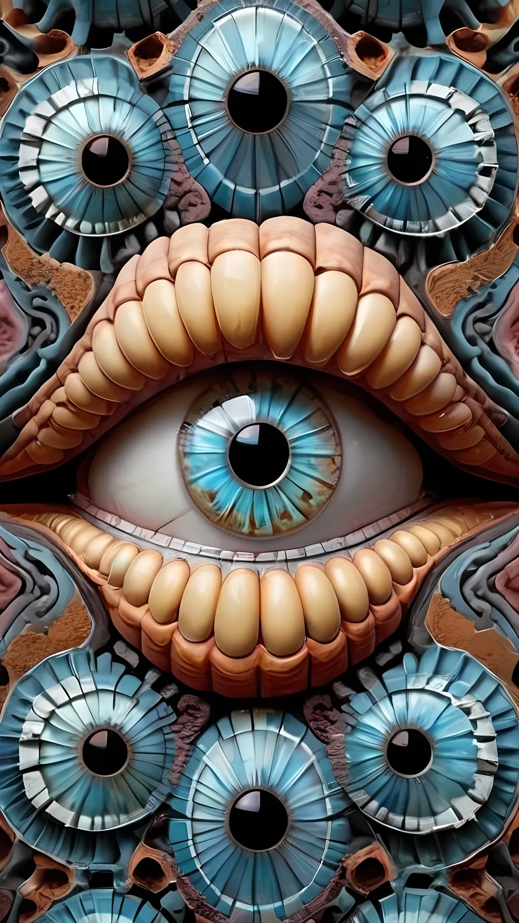 Prompt: Create an extremely hyper-realistic, ultra super textural, weird, trippy, surreal, psychedelic eyes/teeth/mouth pattern/design based on the “labyrinth fractal” & “op art tiling” with lots of human eyes (crazy colorful compound psychedelic), rows of human teeth, human lips, and tongues. 

- **Colors**: determined by the natural properties and expressions of the elements (& their isotopes), raw rough minerals, and metals:
- Aragonite
- Mangano Calcite
- Scapolite
- Larimar

**Shapes and forms**
- main form: “labyrinth fractal”
-other shapes determined by the natural properties and expressions of the elements (& their isotopes), raw rough minerals, metals, and biological organisms: 
- Aragonite
- Mangano Calcite
- Scapolite
- Larimar

- **Textures**: Derived from any/all elements (& their isotopes), minerals, metals, crystals, organic things mentioned in this prompt: 
- Aragonite
- Mangano Calcite
- Scapolite
- Larimar

**Composition and Layout**:
- a pattern/design based on “labyrinth fractal”

**Lighting**
- lots and lots of bright shining reflective light
- opalescence

**Detail and Atmosphere**:
- Extreme hyperrealistic sharp high detail high definition organic and mineral textures
- Psychedelic, weird, odd, surreal atmosphere
- Frozen in time

**Additional Elements**:
- extra rows of teeth, lips, many eyes, “labrynth fractal”
