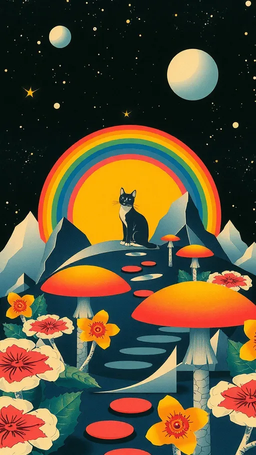 Prompt: <mymodel> Vintage 70s psychedelic surreal sci-fi Collage, analog, cut & paste,MUSHROOMS/FUNGUS, outer space, rainbows,crystals, cats, optical illusions/trippy patterns, surreal alien landscapes, RAINBOWS, flowers, insects, bacteria,  geometric shapes , planets, orbs, black night sky with stars, in the center