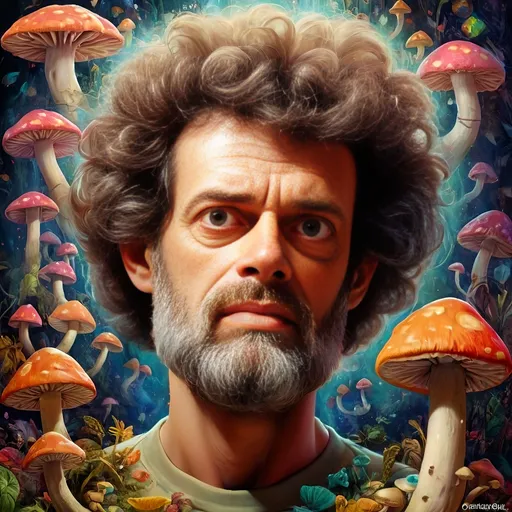 Prompt: Psychedelic poster art illustration of Terence McKenna with brain and psychedelic mushrooms, vibrant and surreal, high detailed, mixed media, trippy color palette, surreal lighting, detailed facial features, psychedelic, surreal, vibrant colors, detailed mushrooms, intricate brain, poster art, high quality, detailed illustration, mixed media, intense and surreal lighting