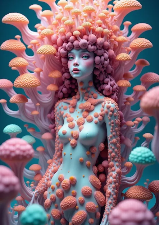 Prompt: Create an enchanting and surreal landscape featuring slime molds at various stages of reproduction, magnified to a macro scale that reveals their intricate beauty. The scene is a kaleidoscope of vibrant pastel pinks, oranges, and aquamarine blues, echoing a retro psychedelic aesthetic. Nestled within this organic tapestry is a caucasian slim woman with long wild pink very curly hair and blue eyes, her form subtly integrated into the landscape, as if she is part of the natural cycle. Her eyes, a striking blue, gaze out from amidst the undulating forms of the slime molds, which twist and coil around her like living jewelry.

The style is reminiscent of a combination of Ernst Haeckel's scientific illustrations and the psychedelic art movement, with a focus on hyper-realistic detailing that captures the delicate textures and translucent qualities of the slime molds. The medium appears to be a digital painting, with a high level of detail that brings the surreal forms to life. The mood is otherworldly and contemplative, inviting viewers to explore the hidden beauty of these often-overlooked organisms. The lighting is soft and ethereal, casting gentle highlights and shadows that enhance the organic forms and create a sense of depth. The outlines are fluid and organic, blending seamlessly into the background, creating a harmonious and immersive scene.