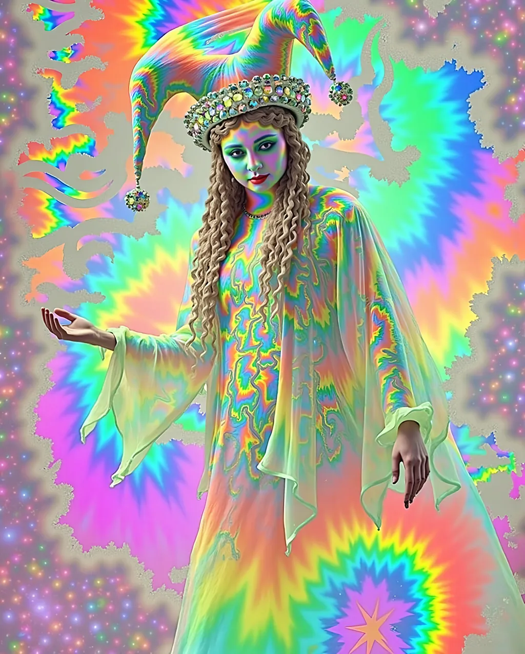 Prompt: A super hyperrealistic yet also illustrative and creative female cosmic jester, made entirely of swirling pure colored light, with long wild curly hair that appears blond but is a dazzling spectrum of hues. She is adorned in beautiful avant-garde "astral" jester's attire, complete with intricate harlequin clown makeup and a HUGELY OVERSTATED jester's hat that twists and bends into impossible, otherworldly shapes. Her hat sparkles with iridescent gems and glowing cosmic patterns, radiating a surreal, trippy energy. Her ensemble includes exquisite, shimmering accoutrements like glowing ribbons of stardust, cascading light veils, and crystalline bells that chime with the sound of distant galaxies. She sparkles, shines, and dazzles in a mesmerizing swirl of ever-changing colors, embodying the essence of cosmic whimsy and wonder. She stands on a floating, kaleidoscopic fractal platform that endlessly morphs and twists through the void of the astral realms. Behind her, a shimmering nebula of liquid rainbow light swirls and pulses, while shimmering comets streak across the scene. The cosmic jester juggles glowing orbs of quantum energy, each orb containing miniature universes that spin and glimmer with infinite possibilities. Her laughter echoes like a symphony of stars, and her every movement leaves trails of dazzling light that ripple like water across the fabric of space-time. The entire scene is awash with iridescent fractal spirals, the platform morphing with Mandelbrot set fractals, while liquid rainbow nebulae and glowing stardust create an atmosphere of pure astral magic.