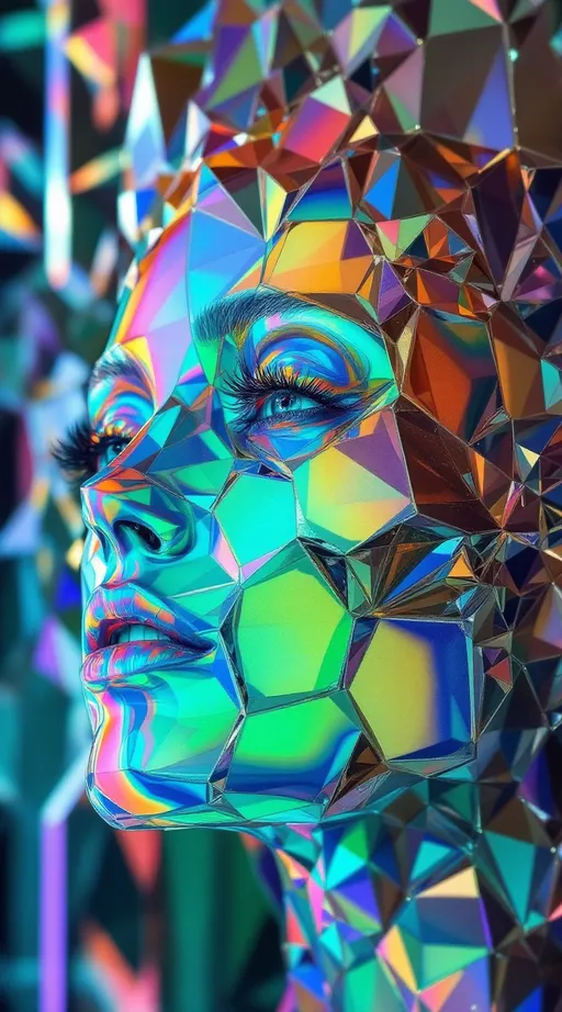 Prompt: A construct that is her / isn’t her: face-as-mirror, mirror-as-face, panes folding into panes into panes, a recursion cathedral that eats its own reflection. Infinity Mirror effect — every shard insists it is the original, every copy denies the others, every echo refracts like nacre cracked into rainbows. The Time Knife drags through her not-body: not cutting, but slicing when from when, laminating instants like transparent skins stacked in misaligned order, time printed in pastel acetate sheets.

Eyes are mirrors that see only mirrors; each iris contains its own iris, which contains its own iris, until the recursion fails to converge. Teeth bloom as non-Euclidean rulers, measuring distances that cancel themselves. Cheekbones ripple into tesseract shadows: convex & concave & neither. The skull is a Möbius cage folded from reflections, impossible silvered glass wrapped around candy-pink void.

Color is sherbet acid: mint, lemon, coral, lavender, turquoise — soft yet searing, pastel and radioactive simultaneously. Surfaces glow like beetle wings soaked in pearls, nacre cracking into prismatic fizz, soap-film rainbows stretched thin across hyperbolic panes.

Background is not background: an infinite lattice of absence, a honeycomb that tessellates forever but never repeats, carnival rides collapsing into themselves mid-motion. Staircases of faces lead nowhere but circle back, every wheel turning inside-out.

She is present as absence: a body unpinned by time, shattered into mirrors, laminated by knives of light, paradox alive & recursive.
