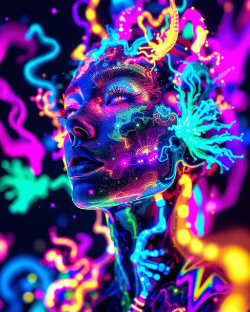 Prompt: A maximalist neon construct, glowing in coral red, lime sherbet, sky cyan, orchid purple, teal blaze & chartreuse fire. Surfaces blaze w/ bioluminescent bloom, organic light pulsing in waves, like plankton oceans scaled to infinity. Anatomy refracts into new paradox math: eyes bloom as Banach limits, gazes half-defined yet endlessly extended; teeth fracture into hyperbolic paraboloid shells, jaws warping like carnival saddles; ribs tessellate into Erdős–Borwein spirals, infinitely summing arcs; the heart shimmers as Zermelo ship paradox crystal, both built & rebuilt from shifting parts, chambers glowing like neon reefs. Veins branch into Cantor labyrinths, corridors of vascular neon splitting into silence; lungs inflate as Pell spiral storms, bifurcating chambers glowing aqua & magenta smoke. Skin unfolds as Liouville surfaces, infinitely detailed, nowhere differentiable, glowing like rainbow moss; hair erupts as Markov fractal braids, curls repeating stochastic neon patterns.
The background expands in pastel bioluminescent seas, carnival rides glowing like deep-ocean lanterns, hex tilings pulsing as sacred coral, paradox infinity lit from within.