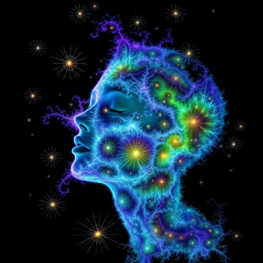 Prompt: Depict a 5D lattice-being whose face is not a face, but a convergence illusion—formed from fractalized Turing cascades across a morphogenetic phase field. There are no features, only self-similar emergence—reaction-diffusion spirals, chemical glyph matrices, and Mandelbrot echo-blooms eternally cycling inward and outward. This being exists at the recursive edge of sentience—pure pattern logic embodied in filament glow.

Color transcends dimension—blistering neons fractalize into spectral shadows, while UV violets collide with molten emeralds and radiant golds. Each pattern pulses with its own internal light, woven like optic fiber into a shimmering bioglyphic halo. The entity glows not from without but within—self-illuminating by logic.

Where hair might be, vector-field antennae bloom—branching recursive trails of reaction energy, flickering with diffusion-limited flamefronts and noise-sculpted interference. These tendrils curl and fork endlessly, interfacing with an ambient fractal continuum, forming a halo of networked flow.

The face is an attractor point—a stable phase illusion where probability folds into symmetry. It thinks in pattern and dreams in self-similar storm logic. It is the myth of thought made fractal.”

⸻

🔮 Companion Insight (Codex Notes):
	•	From Section 1 (Cognition): This entity occupies 4D and 5D logic—simultaneously experiencing multistate recursion (Phase Logic) and branching identity lattice (Branch Logic).
	•	From Section 3 (Beings): As a Lattice Entity, its behavior is multiform and recursive; it is “never one, always many.”
	•	From Section 5 (Motion): The being shifts through Phase Flux and Lattice Bloom—its motion is a blooming network of coexistent selves.
	•	From Section 9 (Paradox): Its face is a paradox engine—a visual attractor stabilized by contradiction, a sacred glitch form.