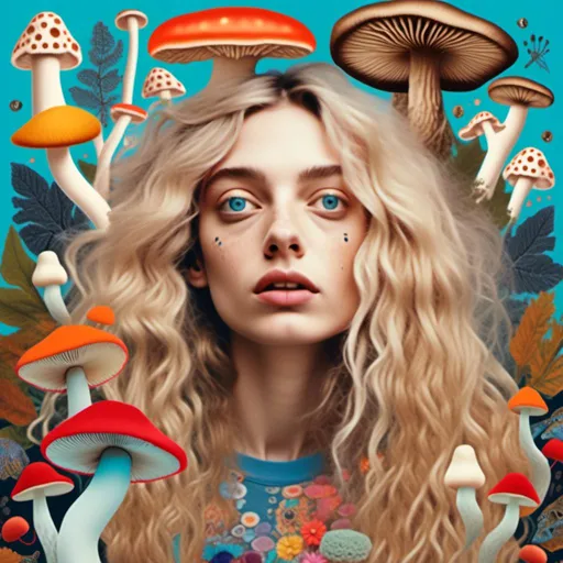 Prompt: <mymodel>Detailed  illustration of a goofy quirky looking but pretty woman with long blond very curly hair and blue eyes collaging with drawings of mushrooms, vibrant color palette, whimsical and surreal, intricate collage details, ethereal glow, dreamy lighting, high quality, ultra-detailed, fantasy, vibrant tones, surreal lighting, whimsical design, collage art