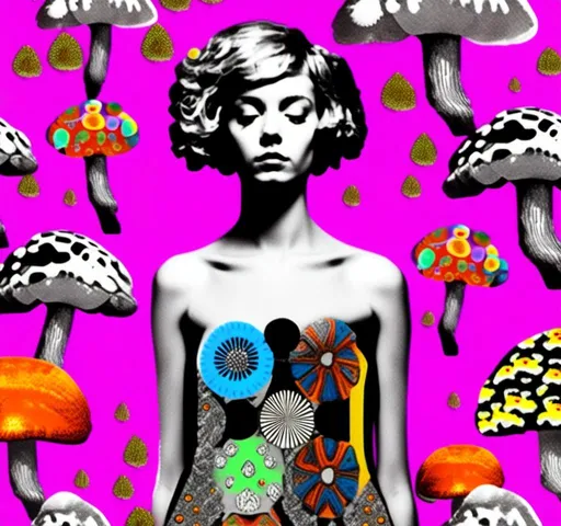 Prompt: A mixed media collage of a black and white photograph of a young woman growing all kinds of colorful multimedia psychedelic mushrooms and fungus out of her body (incorporate things like- but are not limited to - vibrant paints, enamels, glitters, metallic foils, newspaper and magazine cut paper, paint spatter, etc)<mymodel>