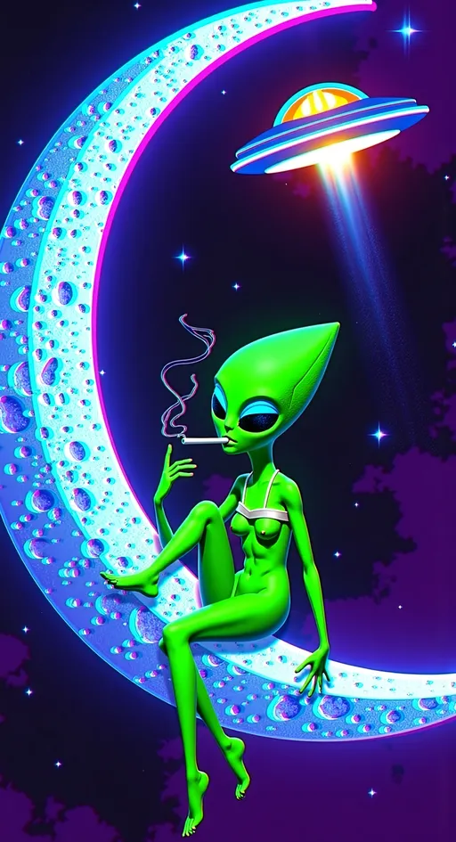 Prompt: Create an image of a female green-skinned alien with a conical-shaped bald head and large almond-shaped black eyes. She is lounging on a crescent moon in outer space, smoking a joint. The smoke curls around her, adding to the dreamy atmosphere. Include a UFO in the background, with its lights casting an ethereal glow across the scene. The moon should display detailed craters, enhancing the lunar landscape. The composition should be busy, super hyper-realistic, and illustrative, with ultra-fine intricate detailing throughout. Incorporate words in a made-up alien glyph language, giving the impression of an alien script or message.

---

There we go, now she's ready for her cosmic close-up! 🌌👽