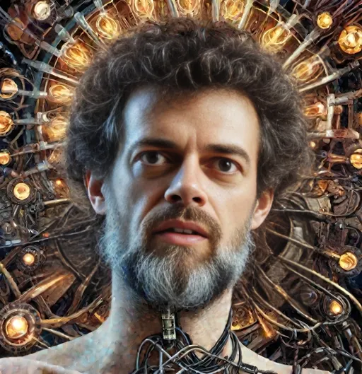 Prompt: Terence McKenna as a futuristic robot, cybernetic body with glowing lights and metallic sheen, surrounded by intricate wires and fiber optic cables, incorporating natural elements like mushrooms, high-tech mechanical body, detailed facial features, intense and wise expression, cyberpunk, sci-fi, futuristic, mechanical, glowing lights, intricate details, metallic sheen, mushrooms, cybernetic, highres, ultra-detailed, atmospheric lighting