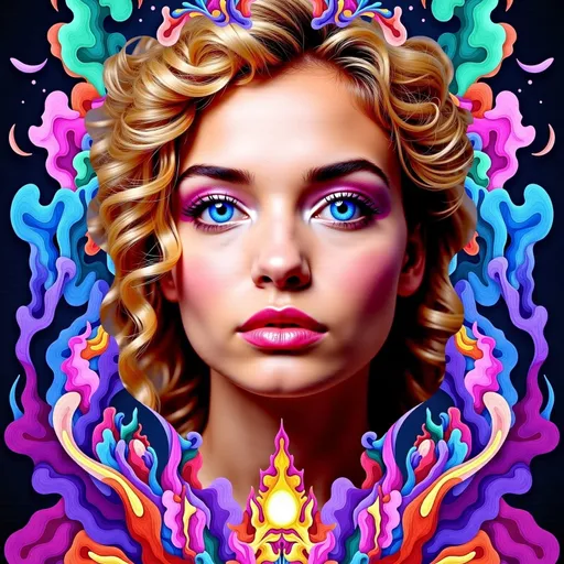 Prompt: 
A radiant Caucasian woman with untamed, spiraling blond curls that twist and morph into fractal patterns, glowing with vibrant, hallucinatory hues—electric blues, neon greens, and ultraviolet purples. Her hair becomes a living tapestry of sacred geometry and infinite mandalas, pulsating with the rhythm of a cosmic heartbeat. Her face is illuminated by a divine, otherworldly glow, her eyes reflecting hyperspace itself—swirling galaxies, alien landscapes, and shimmering, liquid lightforms. The background is an explosion of psychedelic ecstasy: a vortex of infinite dimensions, morphing with DMT-like intensity into crystalline patterns, organic tendrils, and cascading rivers of molten color. The scene feels alive, as if the boundaries between her and the universe dissolve, revealing the interconnectedness of all things. The atmosphere radiates transcendence, the merging of inner and outer realities, and the infinite possibilities of consciousness.
