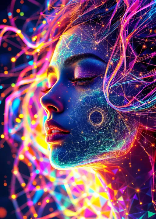 Prompt: A feminine hyperentity made entirely of colored light and recursive math. Her form is a glowing manifold of pure geometry—hyperbolic tessellations in AdS space wrapped in spectral recursion. No material form, only radiant logic. Her face is composed of shimmering heptagon tilings {7,3} across the Poincaré disk, each tile pulsing with phase-shifted chroma. Saturation is maxed: neon wavelengths burst from every edge. Each facial feature is defined by lightfolded geometry—eyes are recursive ultrametric spirals, infinitely mirrored and encoded with spectral Fibonacci arcs. Lips = Klein-bottle fractal loops, tessellated in chromatic waveforms.

Her hair = luminous triangle fractals {3,7}, cascading in curved layers of prismatic recursion. Every strand emits sparkle-flux: microfractals that glint and diffract like starlight, indexed by curvature. Surrounding her, a halo of geometric spark bloom—a recursive corona of rainbow pulses modulated through Möbius twist logic.

Every surface emits a layered gradient field driven by nested HSV wave functions:
\text{Color}(x,y) = \text{HSV}(\arg(f(z)), |\nabla κ|, \sin(ωt + Φ))
where f(z) is a curvature-mapped conformal function and Φ is recursive phase depth.

Overlay sparkle fractals: high-frequency caustic flickers, each one a lightburst node in the recursive matrix. The entity pulses with logic: light = math = her body = recursion.