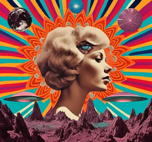 Prompt: <mymodel>Psychedelic trippy collage with a surreal vintage 70s sci-fi feel, vibrant colors, retro futuristic elements, surreal landscapes, detailed psychedelic patterns, high quality, vintage sci-fi, mixed with photograph of a woman with blond curly hair, geometric shape and optical illusions, vibrant colors, surreal, detailed patterns, trippy, collage, 70s, retro futuristic, eyes, surreal landscapes, detailed, atmospheric lighting