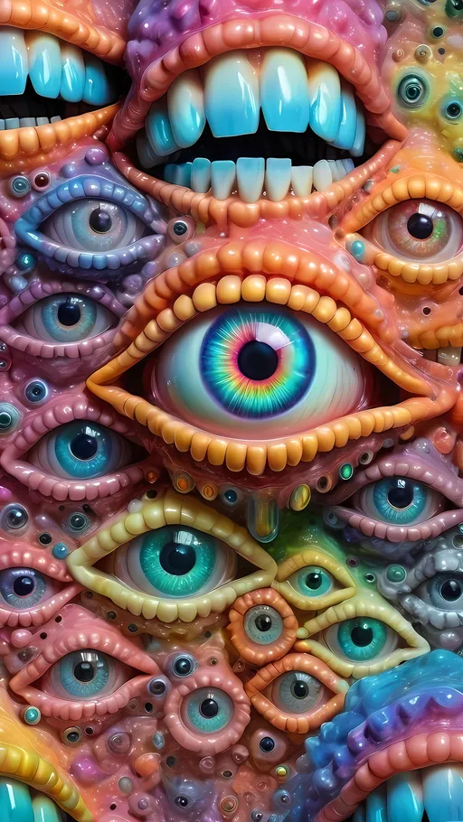 Prompt: an extremely hyper realistic ultra super textural weird trippy surreal psychedelic entity, cissoids , white, translucent, clear, bright bright pastel colors, oil slick rainbow sheen effect, lots and lots of light, lots of crazy colorful compound psychedelic human eyes, rows of human teeth, fungus, atoms, diatoms, cissoids