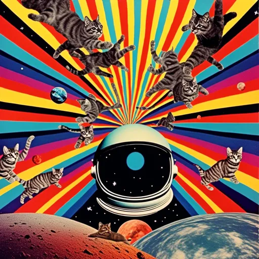 Prompt: a psychedelic collage with a vintage 70s sci-fi animation feel to it except the subject matter will be CATS IN SPACE! The collage will have elements of photography, illustration, trippy patterns and optical illusions, alien landscapes, strange trippy planets, UFOs,, meteors, all cut and spliced together in a psychedelic collage style <mymodel>