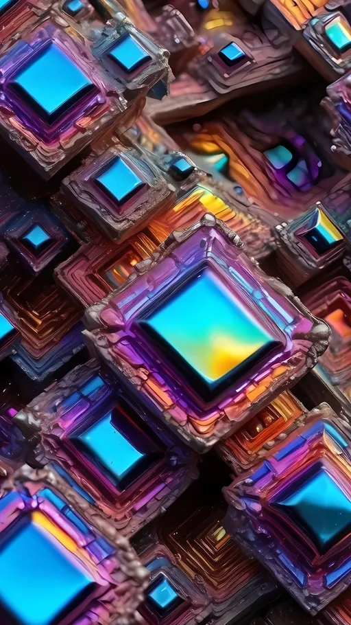 Prompt: Extremely hyperrealistic Psychedelic iridescent bright vibrant bismuth crystal entity  - hopper crystal formations, rhombohedral lattice structure, vibrant oxidation layers, intricate stair-step patterns, metallic sheen, prismatic colors, anisotropic properties, low thermal conductivity, high diamagnetic behavior, low toxicity, and unique crystallographic properties. Extreme psychedelic hyperrealism- Super high definition ultra textural extremely intricate detailed psychedelic high texture bismuth crystal mineral entity, psychedelic hallucination surrealism, psychedelic alien crazy psychedelic bismuth  creature, lots of bizarre psychedelic eyes, looking observing watching,  detailed, highres, intense vibrant bright  colors, eerie lighting, bizarre features, unsettling SURREAL atmosphere, otherworldly, distorted proportions, mind-bending, dreamlike, abstract,, HIGH DEFINITION extremely intricately detailed mineral/psychedelic/skin textures