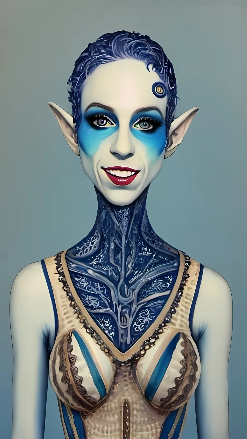 Prompt: Imagine a surreal portrait of yourself as a blue-skinned alien, inspired by the whimsical and grotesque style of Roland Topor. Your alien self has elongated limbs and exaggerated features, with large, expressive eyes that convey a sense of curiosity and mischief. The skin is a rich, cerulean blue with intricate patterns and textures, reminiscent of Topor's detailed line work. The background is a dreamlike landscape, filled with bizarre and otherworldly flora that seem to dance and sway. The overall composition is both unsettling and enchanting, capturing the essence of Topor's fantastical and absurd artistry. Key elements include surrealism, grotesque beauty, intricate patterns, and a whimsical alien world.