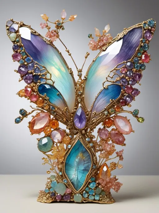 Prompt: <mymodel>Fairies crafted from gemstones, sparkling and ethereal, magical aura, high quality, detailed, fantasy, jewel-like textures, radiant glow, surreal, enchanting, pastel tones, soft and luminous lighting, ultra-detailed, mystical beings, shimmering wings, intricate design, whimsical, dreamlike