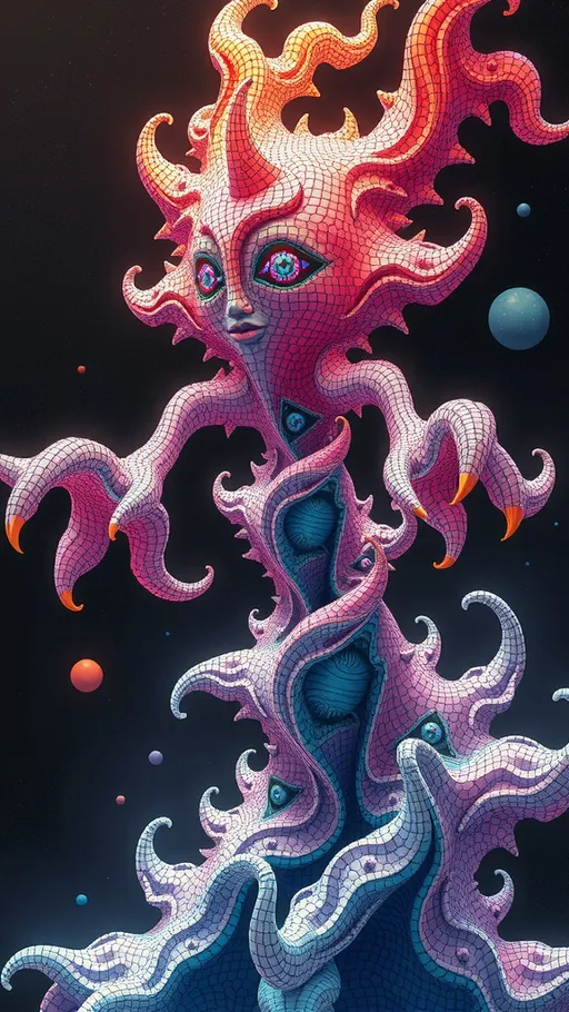 Prompt: A strange surreal beautiful flowing lithe interdimensional psychedelic entity/creature, made of fractal geometry, existing in many dimensions simultaneously, melting from one dimension to the next, phasing in and out of reality, inter dimensional fractal geometry come to life, psychedelic, trippy, weird, but beautiful, 