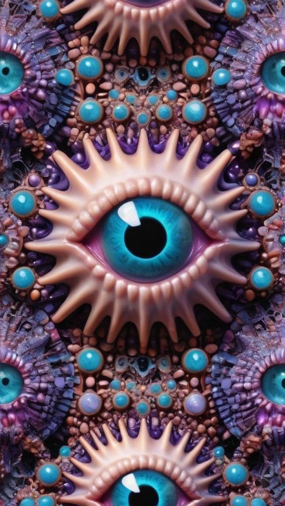 Prompt: Create an extremely hyper-realistic, ultra super textural, weird, trippy, surreal, psychedelic eyes/teeth/mouth pattern/design based on Mandelbrot & “Op Art tiling” with lots of human eyes (crazy colorful compound psychedelic), rows of human teeth, human lips, and tongues. 

- **Colors**: determined by the properties and expressions of the elements (& their isotopes), minerals, and metals: opal, moonstone, amethyst, rose quartz, Platinum (Pt)

**Shapes and forms**
- Mandelbrot 
- "Op Art tiling" 
-other shapes determined by the natural properties and expressions of the elements (& their isotopes), minerals, metals, and biological organisms: opal, moonstone, amethyst, rose quartz,  Platinum (Pt)


- **Textures**: Derived from any/all elements (& their isotopes), minerals, metals, crystals, organic things mentioned in this prompt: opal, moonstone, amethyst, rose quartz, Platinum (Pt)

**Composition and Layout**:
- a pattern/design based on the Op Art tiling & Mandelbrot 

**Lighting**:
- lots of bright light
- Phosphorescence

**Detail and Atmosphere**:
- Extreme hyperrealistic sharp high detail high definition organic and mineral textures
- Psychedelic, weird, odd, surreal atmosphere
- Frozen in time

**Additional Elements**:
- extra rows of teeth, lips, many eyes, Op Art tiling, Mandelbrot 
