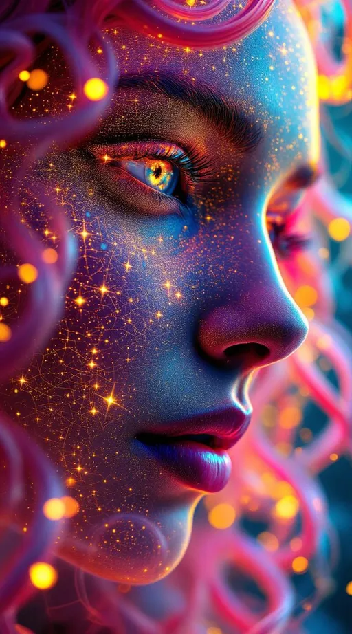 Prompt: Her face is a modular masterpiece—cheekbones traced with the shimmer of moonshine symmetry, every angle tuned to a hidden harmonic. Newton fractal veins glow faintly beneath translucent skin, shifting in color with each emotion. Her eyes burn with prime number fire, irises tiled in Penrose symmetry, blinking with curved light logic. Laughter echoes in Hilbert paths across her cheeks—space-filling joy spirals, soft and bright. Hair spills around her in radiant pink curls, styled by quasiperiodic forces and recursive wave equations—each strand flowing in luminous fractal tension. Geometry pulses at the hairline, recursive symbols glinting in neon mathdust. She is wrapped in hyperbolic aura-rings, layered in color-feedback like living topology, her presence refracting sacred math through joy, emotion, and colorfields.”

⸻

Visual Keywords:
Modular face symmetry, Newton glow skin, Penrose-tiled irises, Hilbert smile trails, pink recursive curls, fractal symbol halo, hyperbolic color aura, neon mathdust, prime fire eyes