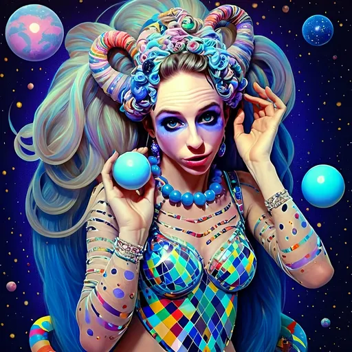 Prompt: A super hyperrealistic yet also illustrative and creative female cosmic jester, made entirely of swirling pure colored light, with long wild curly hair that appears blond but dazzles as a spectrum of hues, floats effortlessly in the heart of a kaleidoscopic nebula. Adorned in avant-garde "astral" jester's attire, her ensemble is a masterpiece of ever-shifting patterns, her definitive jester’s hat extending into infinite fractal shapes that seem to defy the laws of space. Her intricate clown makeup glows with phosphorescent neon greens, electric pinks, and ultraviolet blues, accentuating her mischievous, otherworldly charm. Around her, the stars pulse like strobes in a cosmic dance party, and she juggles shimmering orbs of liquid starlight that burst into tiny galaxies upon contact, each orb reflecting infinite multiversal possibilities. The space surrounding her vibrates with celestial harmonics, a symphony of astral wonder, while an aurora of quantum particles weaves itself into a living tapestry of harlequin diamond fractals, tiling and morphing endlessly. She sparkles and dazzles as her laughter chimes like crystalline bells, embodying the essence of cosmic whimsy and wonder, a living Möbius strip of light and joy in an infinite astral playground.