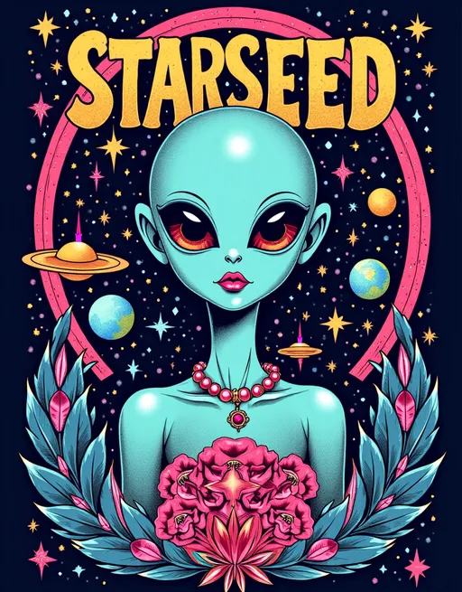 Prompt: Text - STARSEED - in a cursive hand drawn decorative art nouveau organic script style- Design 3 color a pop art nouveau t-shirt featuring a Lisa Frank-inspired 80s glam futuristic alien woman, limited to four vibrant colors. The central figure should be an alien woman with a classic 'gray' alien appearance—big pointed head and large almond-shaped solid colored dark shining eyes—styled with glamorous 80s fashion elements. Use bright, bold colors typical of Lisa Frank, incorporating metallic and neon hues to emphasize the futuristic theme. Surround her with whimsical elements like stars, planets, galaxies, and UFOs, all infused with a pop art nouveau flair. Add details such as sparkling jewelry, bold makeup, and flowing hair, reminiscent of 80s glam. The design should be eye-catching and energetic, blending the playful essence of Lisa Frank with the elegance of art nouveau, perfect for a standout t-shirt.