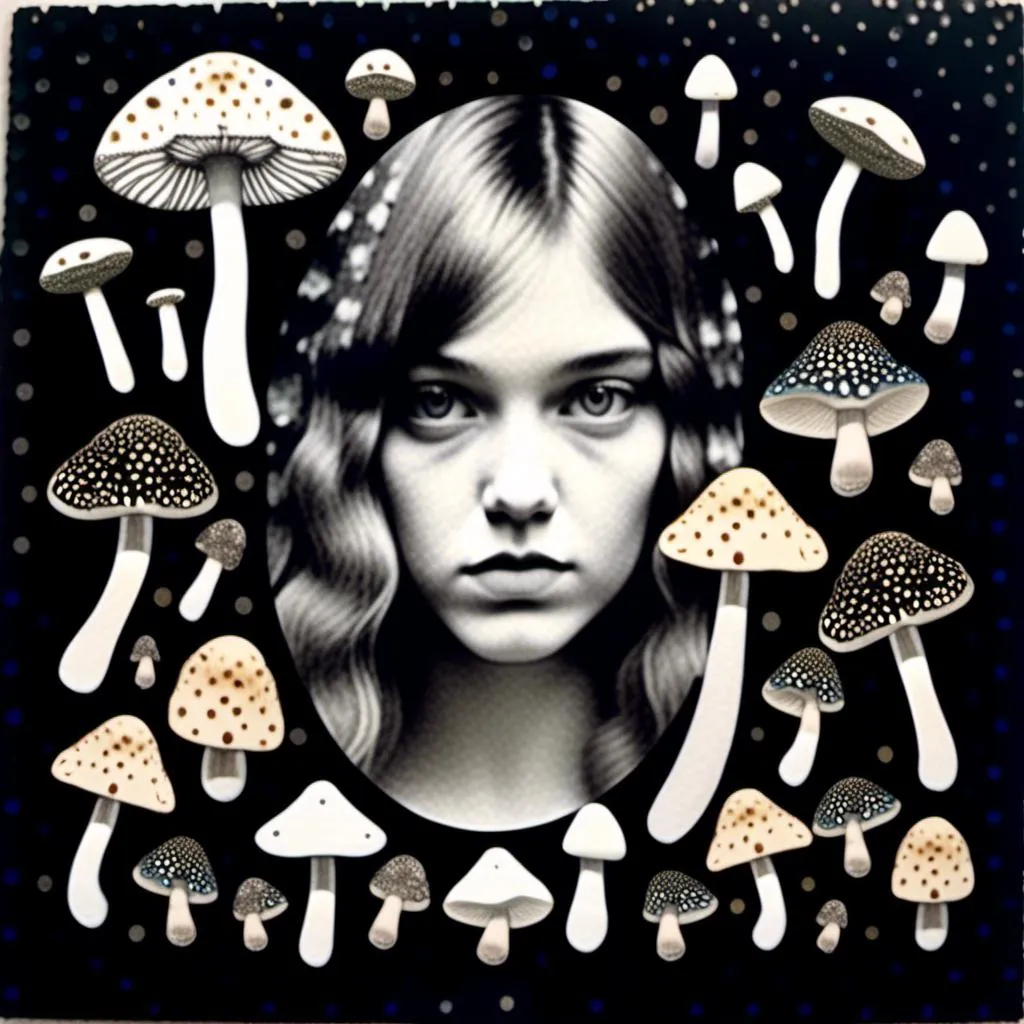 Prompt: a mixed media collage of a girl wearing or growing mushrooms/fungus as clothing body parts and accessories. She is a black and white or halftone photograph, the mushrooms and fungal growths are to be mixed media, including but not limited to paint, enamel, foils, glitter, sparkle, sequins, found objects, natural items, rhinestones etc <mymodel>