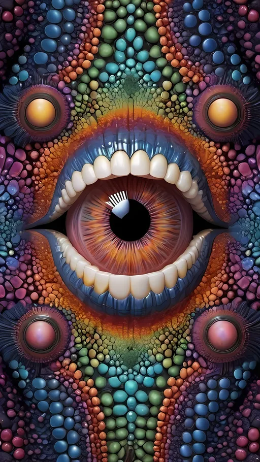 Prompt: Create an extremely hyper-realistic, ultra super textural, weird, trippy, surreal, psychedelic eyes/teeth/mouth pattern/design based on Mandelbrot & “Op Art tiling” with lots of human eyes (crazy colorful compound psychedelic), rows of human teeth, human lips, and tongues. 

- **Colors**: determined by the properties and expressions of the elements (& their isotopes), minerals, and metals: Tourmaline, Rhenium (Re)

**Shapes and forms**
- Mandelbrot 
- "Op Art tiling" 
-other shapes determined by the natural properties and expressions of the elements (& their isotopes), minerals, metals, and biological organisms: tourmaline,  Rhenium (Re),


- **Textures**: Derived from any/all elements (& their isotopes), minerals, metals, crystals, organic things mentioned in this prompt: tourmaline, Rhenium (Re)

**Composition and Layout**:
- a pattern/design based on the Op Art tiling & Mandelbrot 

**Lighting**:
- lots of bright light
- Phosphorescence

**Detail and Atmosphere**:
- Extreme hyperrealistic sharp high detail high definition organic and mineral textures
- Psychedelic, weird, odd, surreal atmosphere
- Frozen in time

**Additional Elements**:
- extra rows of teeth, lips, many eyes, Op Art tiling, Mandelbrot 
