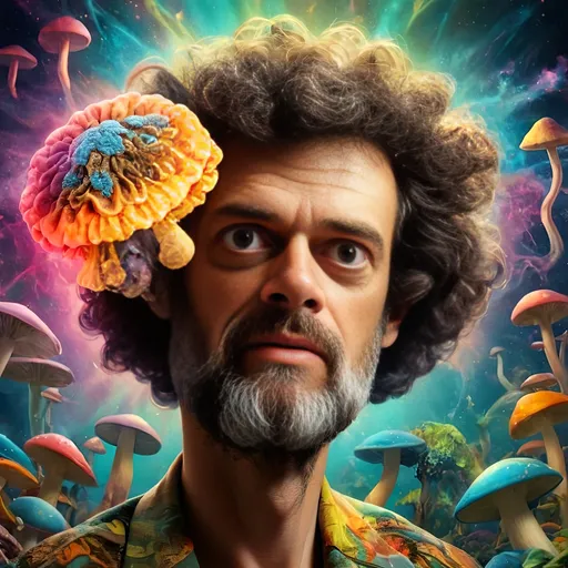 Prompt: Psychedelic poster art illustration of Terence McKenna with brain and psychedelic mushrooms, vibrant and surreal, high detailed, mixed media, trippy color palette, surreal lighting, detailed facial features, psychedelic, surreal, vibrant colors, detailed mushrooms, intricate brain, poster art, high quality, detailed illustration, mixed media, intense and surreal lighting