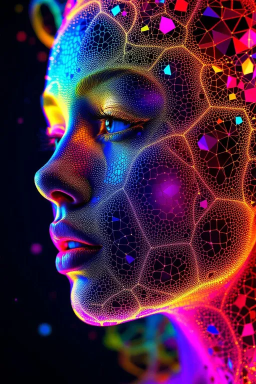 Prompt: Her face is not skin, not flesh—only tessellation. A rainbow-radiant hyperbolic tiling in AdS space blooms outward from the void: heptagons shrink toward infinitude across her cheeks, nested in sacred recursion. Every polygon pulses with nightclub light frequencies—sparkling with spectral data. Her jawline curves along orbiting geodesics, each spiral twisting like a Möbius braid caught mid-laugh.

A second tessellation blooms across her brow and hairline—Penrose tiles in flaming neon hues, interlocking aperiodically and flickering like recursive jewels. Her hair is made of pure colored light shaped by Hopf fibrations and modular waveforms, curling in 4D tessellation flows. Escape gradients shimmer across her cheeks, mapped to scalar field intensities and laced with Fourier diffraction halos.

Every shimmer, every color—math. She is built of light, code, and symmetry: a disco goddess whose very structure defies Euclidean law. Her presence refracts like a living math spell cast in rainbow lightning.

Tags:
#DiscoMathGoddess #HyperbolicTiling #RainbowTessellationFace #PenroseSparkle #LightformEntity #FractalGeometryQueen #ModularHair #SpectralSymmetry #UltraMathified