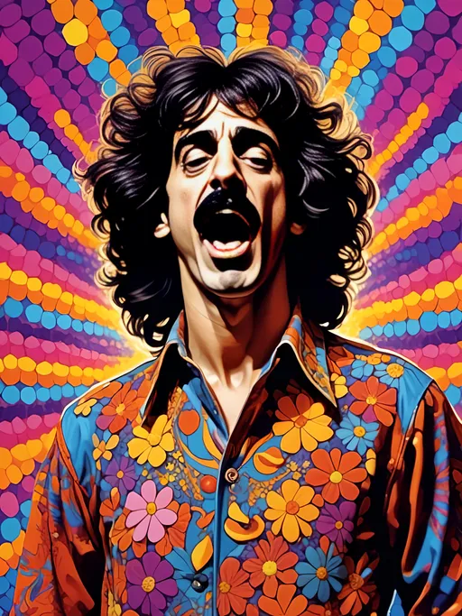 Prompt: <mymodel>Photorealistic illustration of a young Frank Zappa in weird clothes singing being weird, detailed facial features, oil painting, quirky expression, eccentric fashion, high definition, photorealism, detailed realism, detailed clothing, eccentric personality, professional lighting, realistic colors, detailed hair