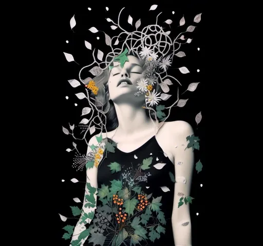 Prompt: a mixed media collage of a black and white photograph of a woman exploding with vines and leaves and flowers (mixed media in nature- paint, enamel, glitter, metallic foils and finishes, splatter, rhinestones, sequin, string, cut paper and magazine pages and more) <mymodel>seem to be blooming out of her body