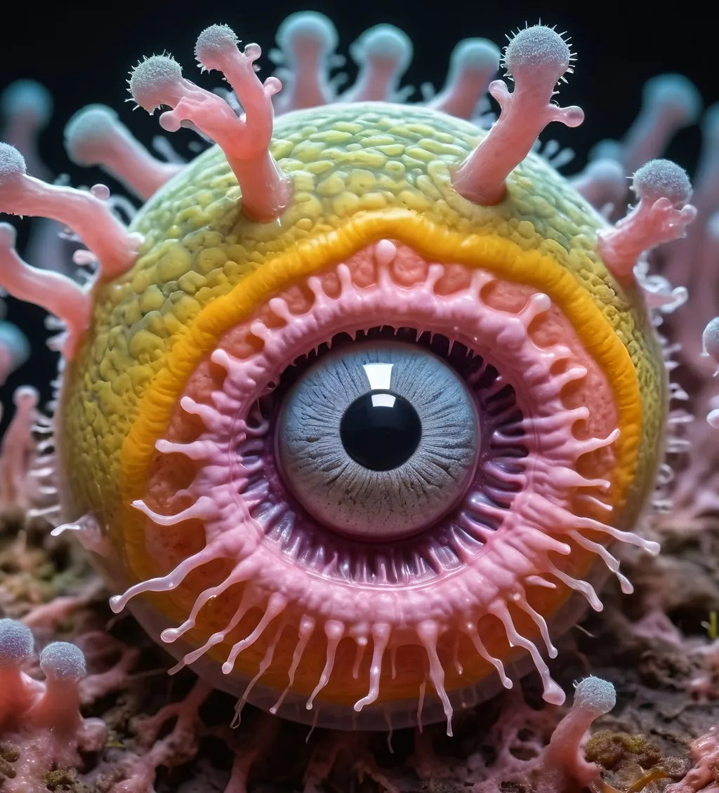 Prompt: A trippy extremely hyperrealistic psychedelic surreal slime mold creature, bright pastel colors and lots of light, lots of crazy trippy psychedelic human eyes, human teeth, EYES,FACE plasmodium, sporangium, sclerotium, amoeboid cells, fruiting body, spores, cytoplasmic streaming, cellular slime molds, acellular slime molds, aggregation, pseudoplasmodium, stalk, capillitium, myxamoebae, chemotaxis, phagocytosis, sporulation, germination, protoplasmic network, vegetative phase, reproductive phase, swarm cells, hyphae, peridium, columella, hypothallus, sporangia, sporocarps, trophozoite, encystment. 
