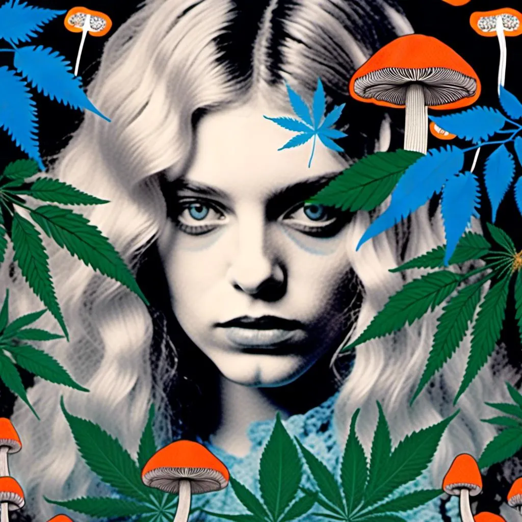 Prompt: <mymodel>Mixed media collage of a girl with long blond curly hair and blue eyes, black and white photograph, cannabis leaves, mushrooms, smoke and fractals in the background, hand-colored, high contrast, psychedelic, detailed facial features, vintage style, atmospheric lighting